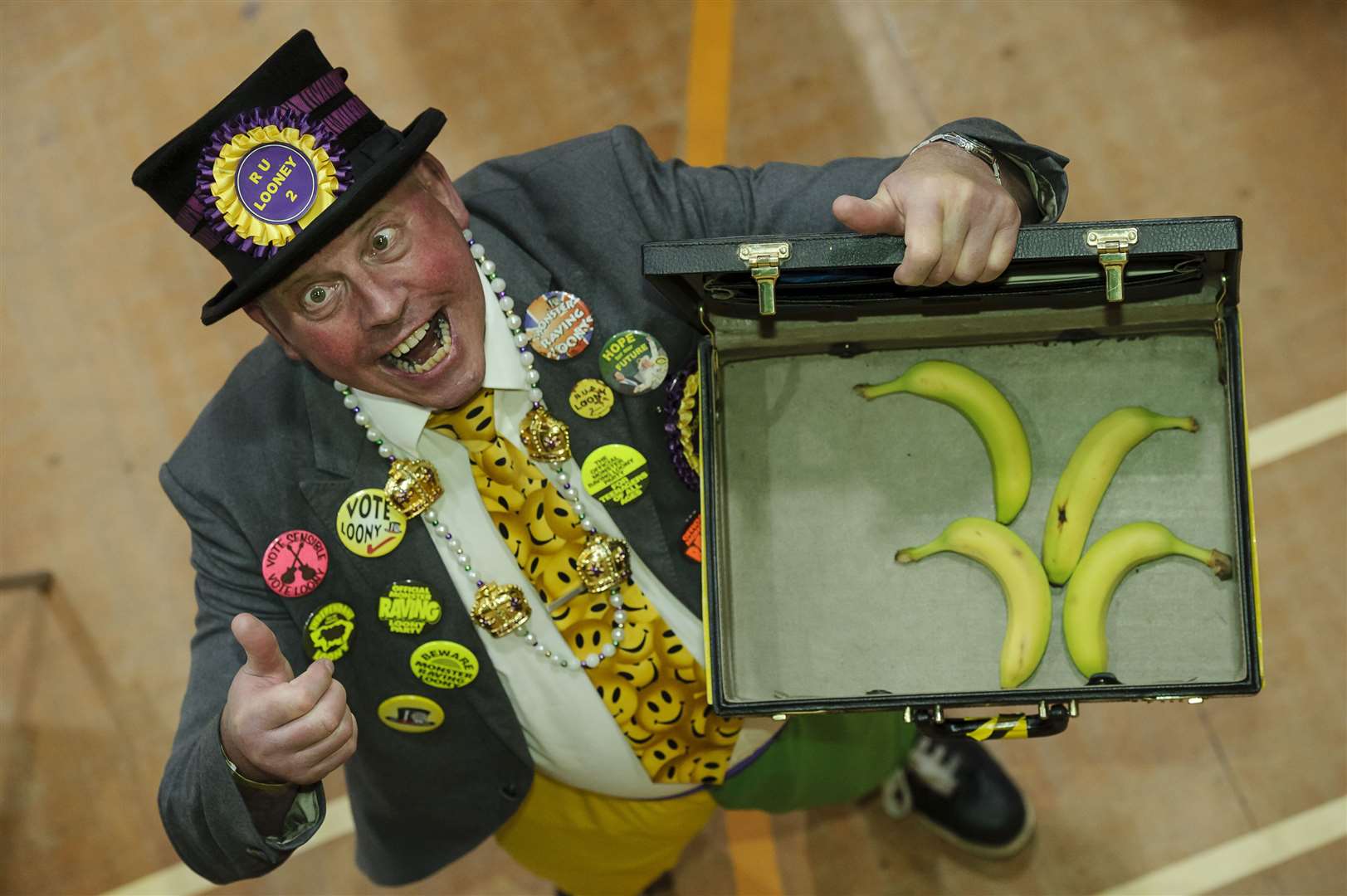 Get your bananas here: Sheppey's Mad Mike Young from the Official Monster Raving Loony Party takes in a supply for fellow candidates at the Sittingbourne and Sheppey count in 2017