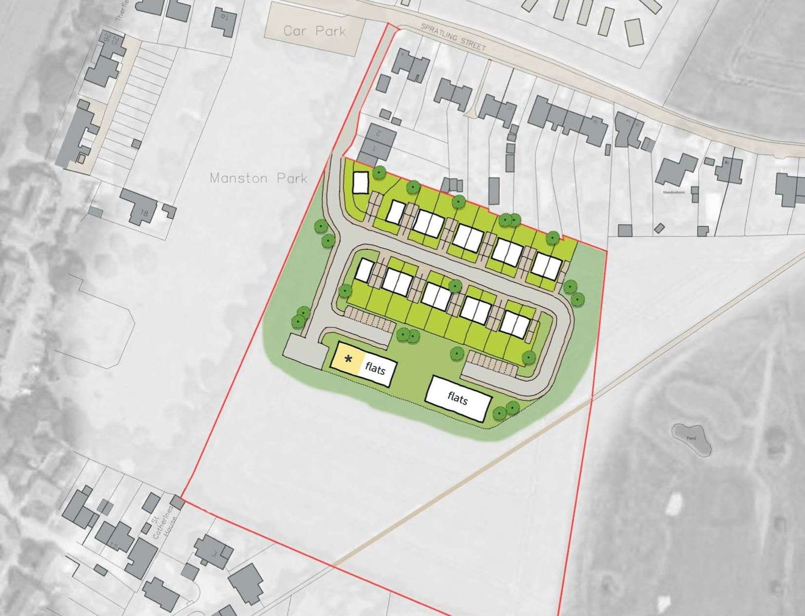 The first option at The Leys in Manston would see 19 houses and up to 16 flats be erected on the site