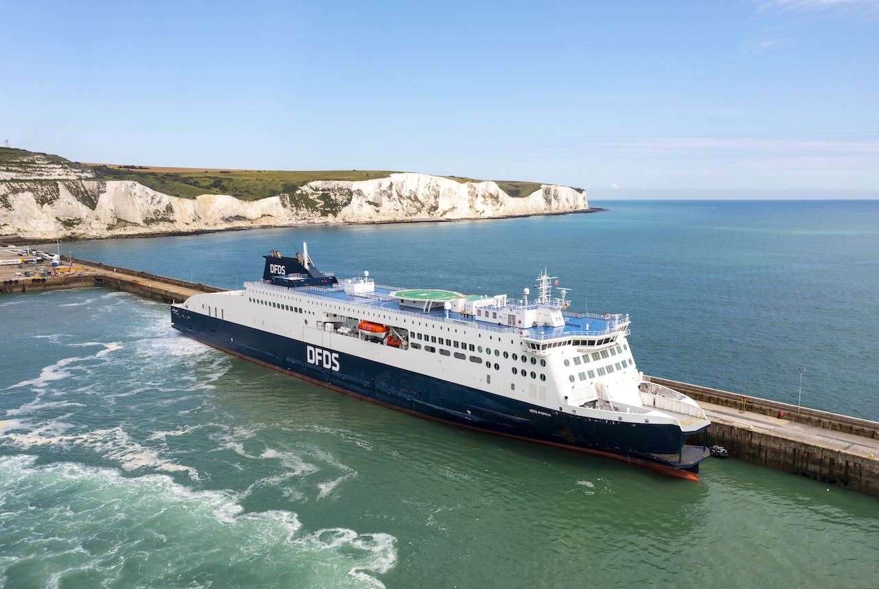 The Côte d’Opale sailed in to Dover on August 4 2021 and is 214m - the longest ship on the Dover to Calais route with the biggest Duty Free shop . Picture DFDS (