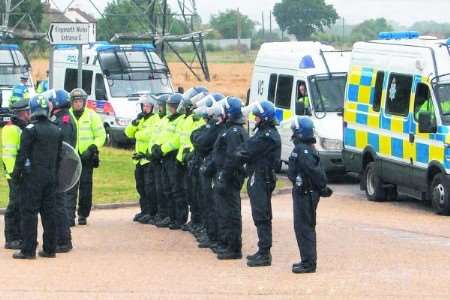 Scene from the Kingsnorth protest as police prepare to deal with a sit-down demonstration