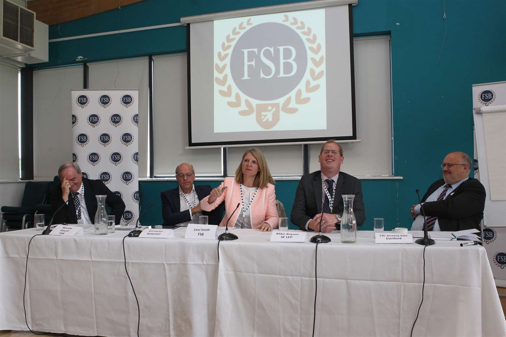 The panel at the Ebbsfleet garden city conference, from left, Neville Gaunt, Professor Victor Newman, FSB media chief Liesl Smith, SELEP's Mike Rayner and Dartford council leader Jeremy Kite
