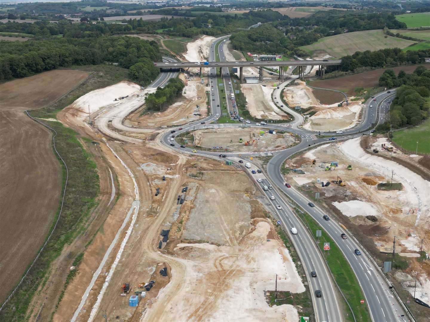 It looks like chaos around the A249 at Stockbury roundabout as the slip road joining the coastbound carriageway of the M2 on the left is being rebuilt. A new link to Oad Street is on the right. Picture: Barry Goodwin