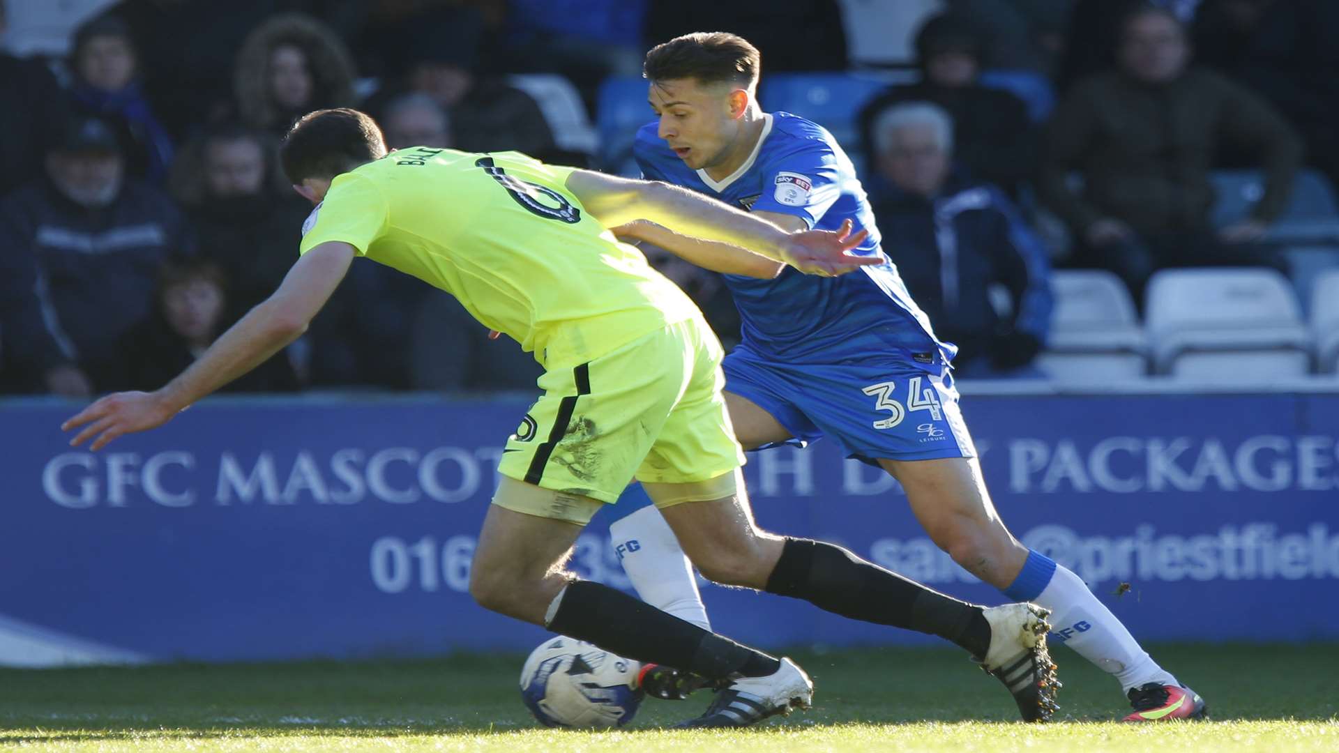 Harry Cornick takes on his man during his Gills debut last weekend Picture: Andy Jones