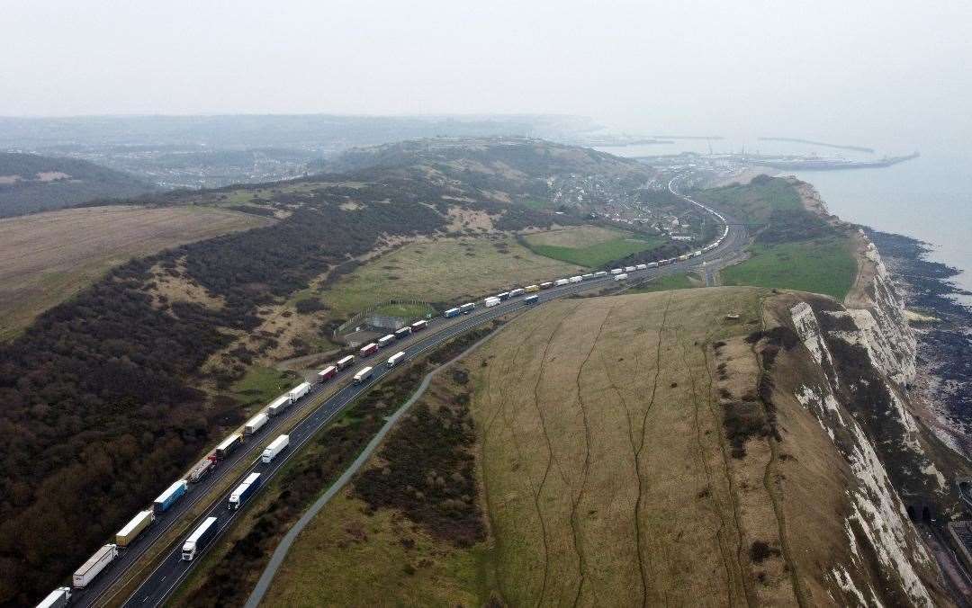 Lorries queue on the A20 into Dover. Picture: Barry Goodwin