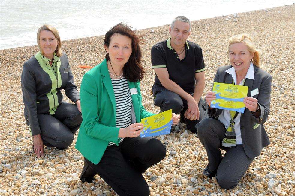 Kerry Moss, Jan Marshall, Julie Donnelly, Alex Dondi at the preview for the Marine Conservation Society?s beach clean with staff from M&S