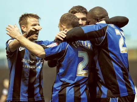 Cody McDonald celebrates his second goal with team-mates