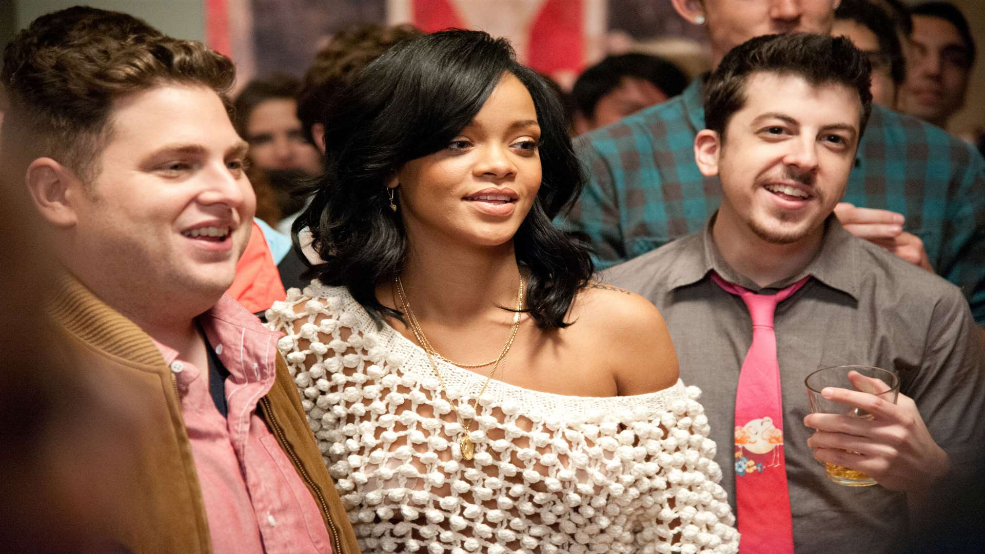 Jonah Hill, Rihanna & Christopher Mintz-Plasse in This Is The End. Picture: PA Photo/Sony UK