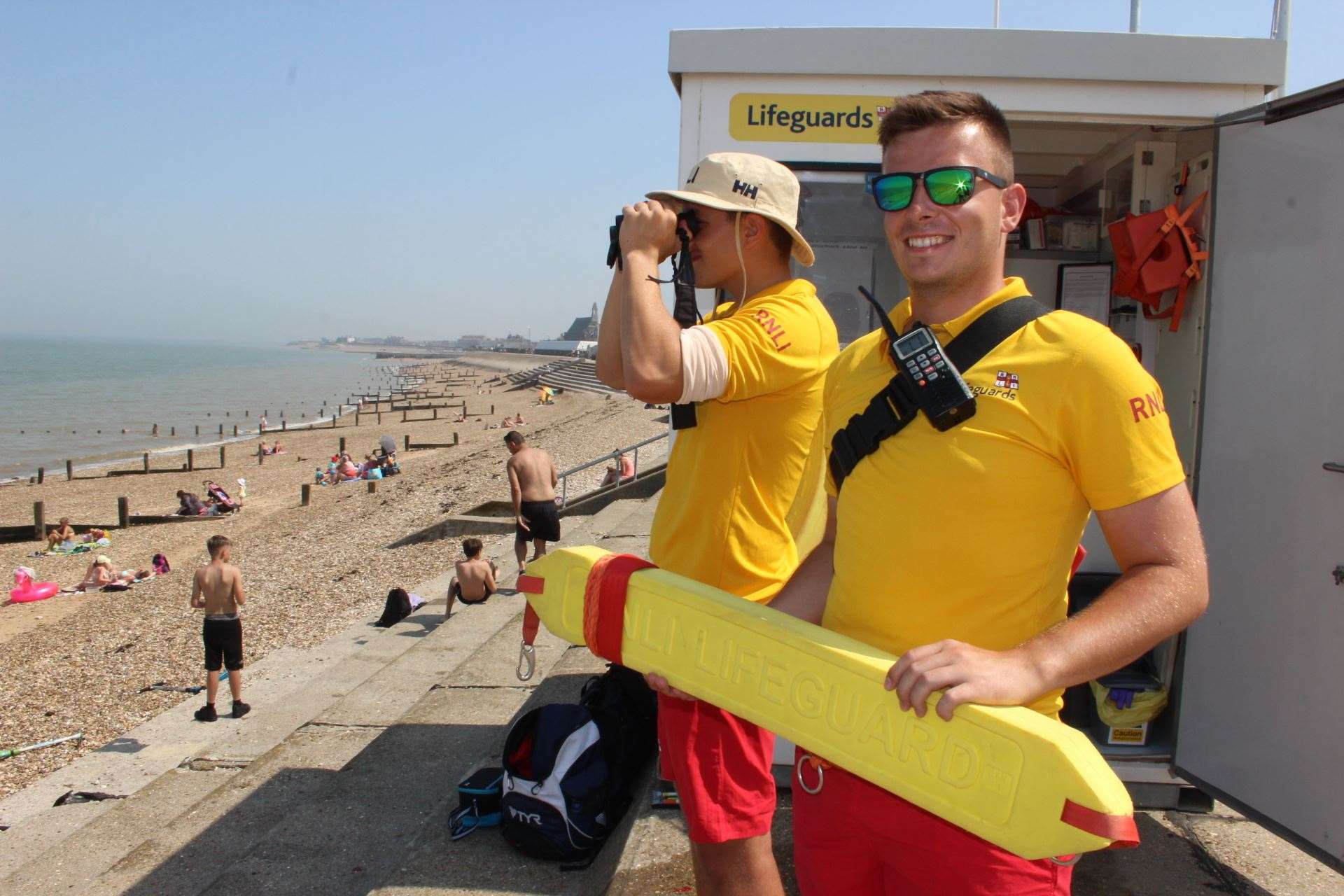 RNLI lifeguards Tom King, left, and Alex Wilmshurst on Sheerness beach on the Isle of Sheppey. Picture: John Nurden