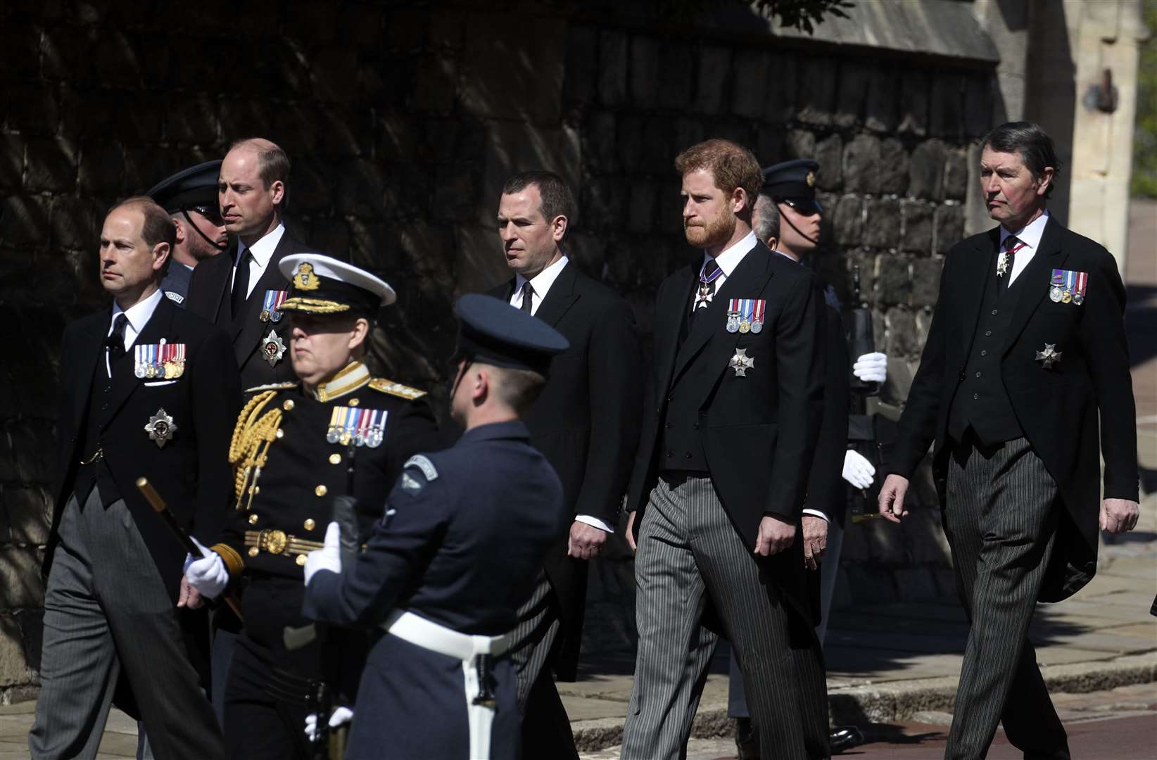The Earl of Wessex, William, Peter Phillips, the Duke of Sussex, walking in the procession to St George’s Chapel, Windsor Castle, Berkshire, for the funeral of the Duke of Edinburgh (Steve Parsons/PA)