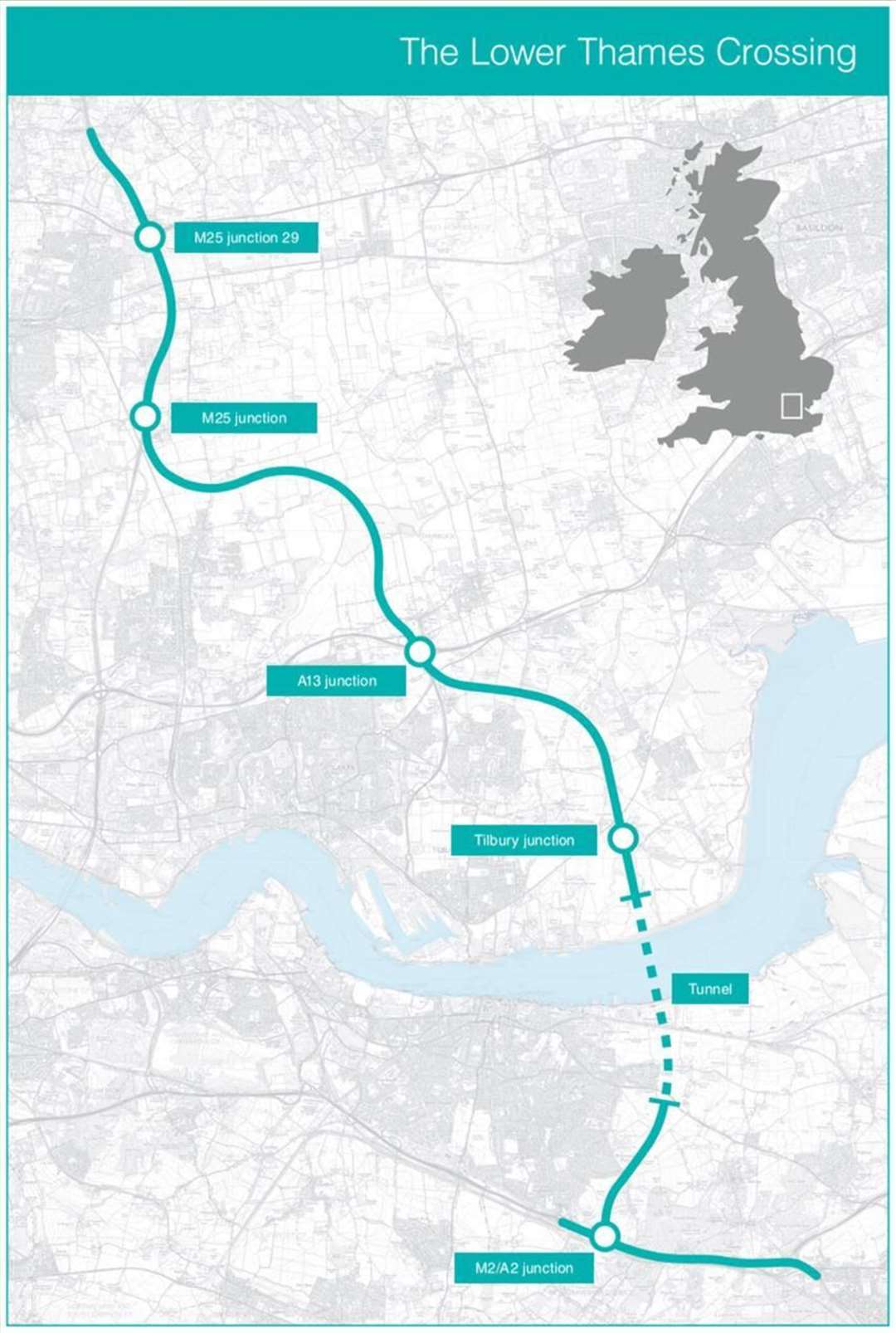 The proposed route of the Lower Thames Crossing