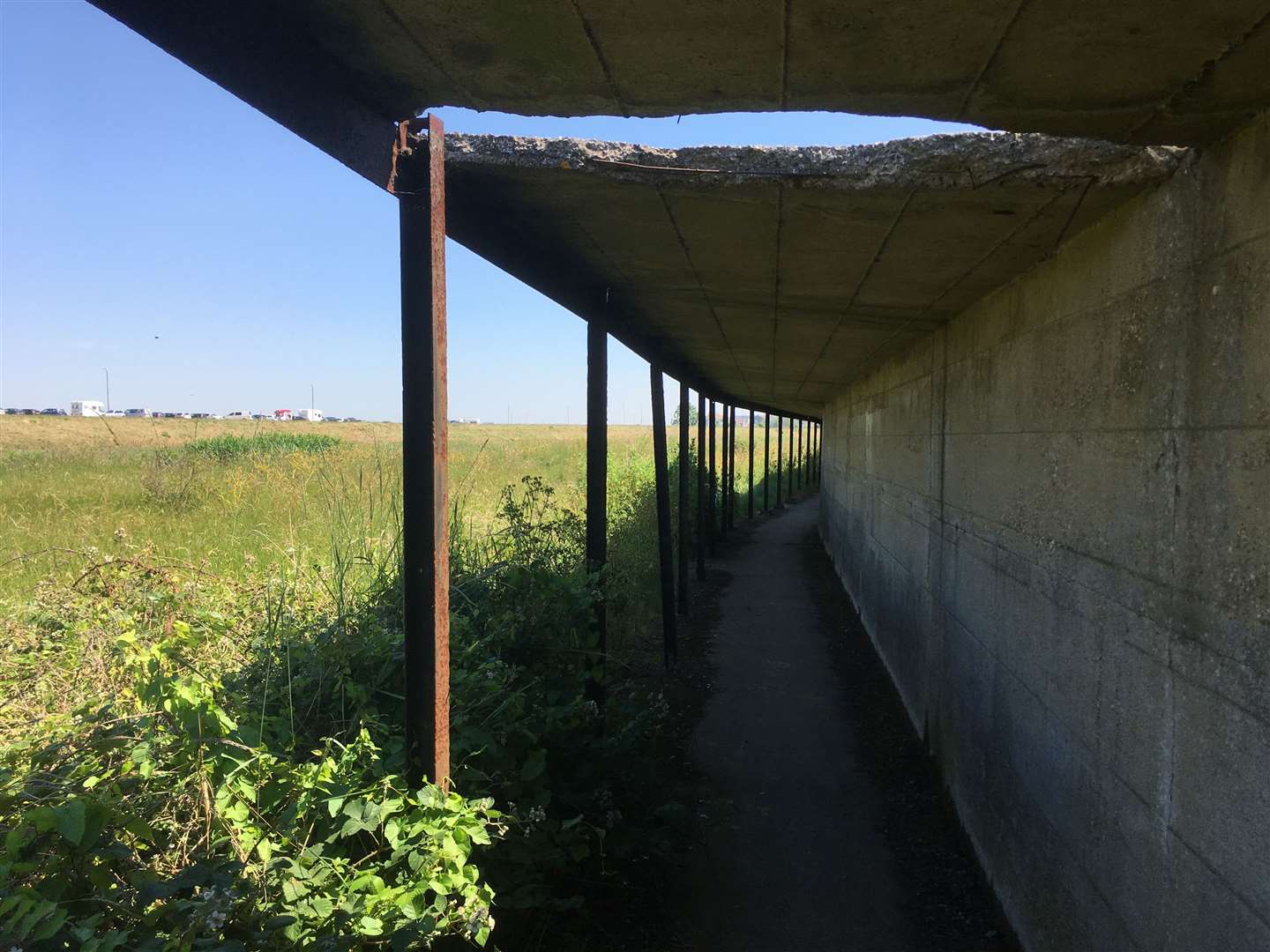 The state of the old covered way at Sheerness on Sheppey last summer with graffiti and dangerous gaps in its concrete roof