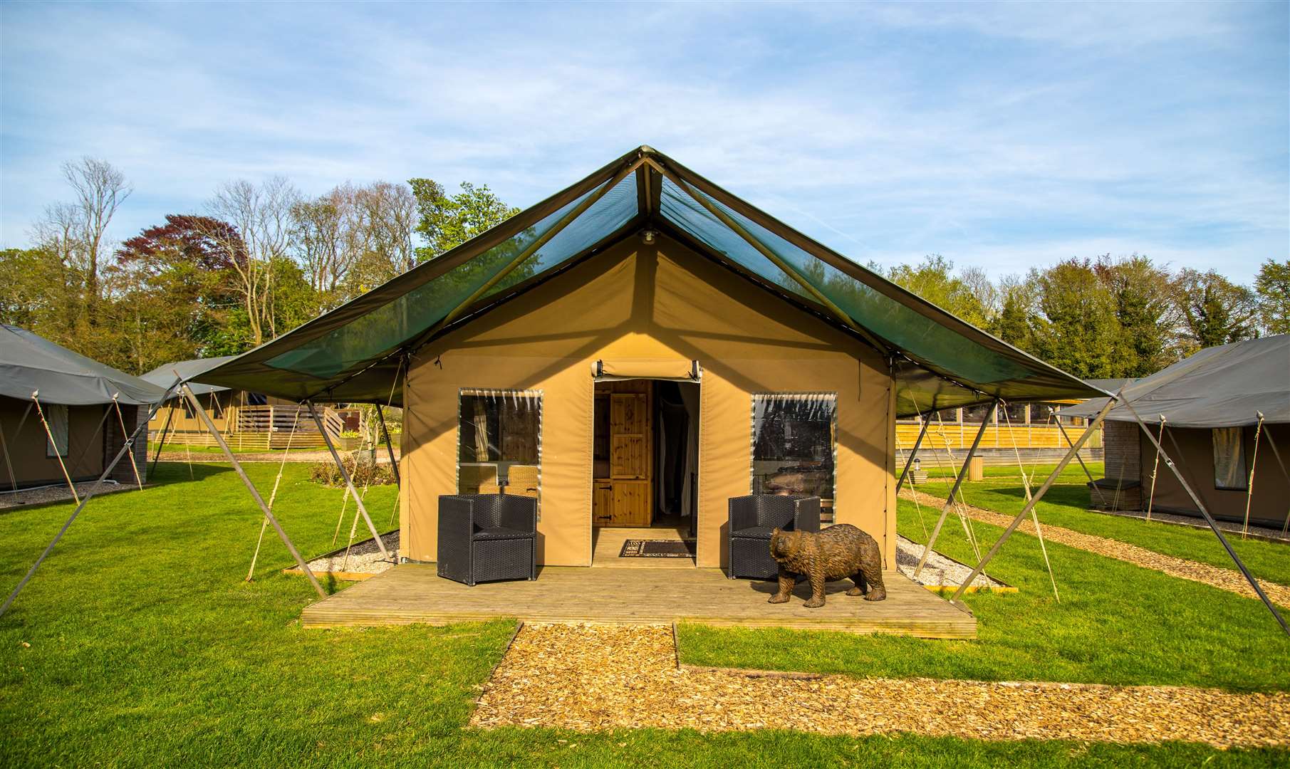 The Bear Lodge glamping tents offer incredible views across the bear enclosure and reserve. Picture: Aspinall Foundation