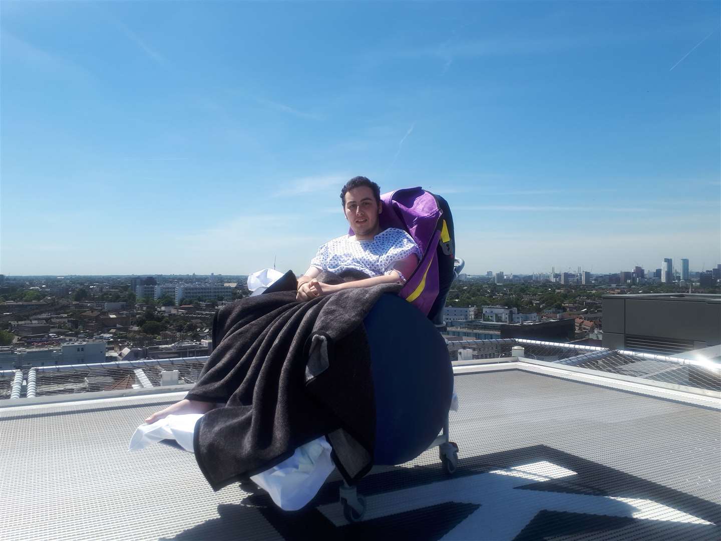 Louis Pilcher enjoys the views from the helipad at King's College Hospital - a special treat