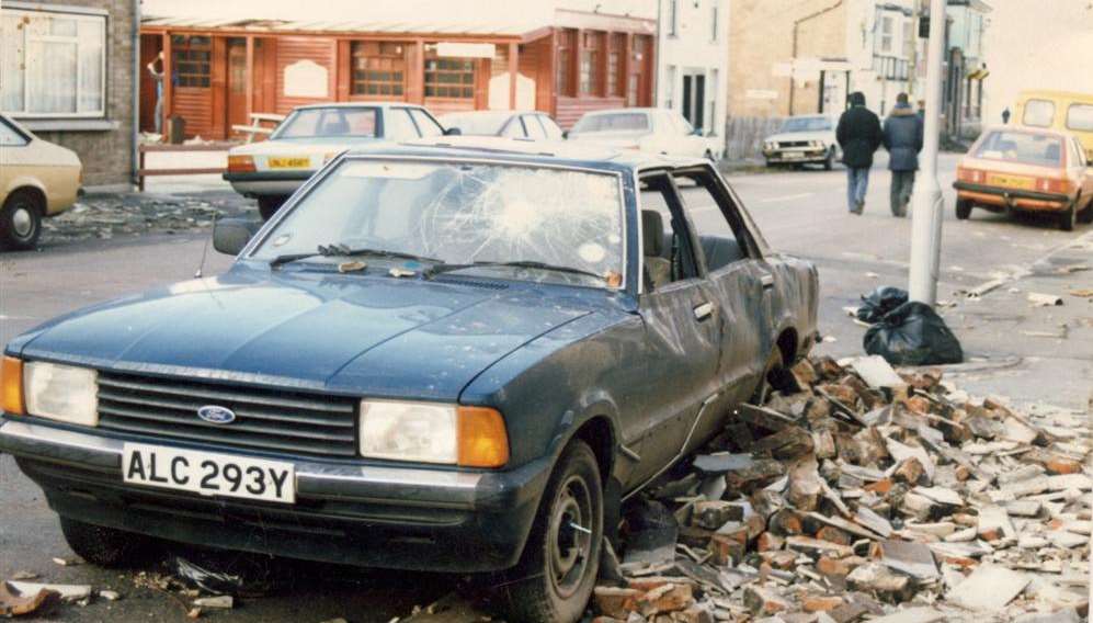 A car damaged in High Street, Queenborough, during the Great Storm of October 1987