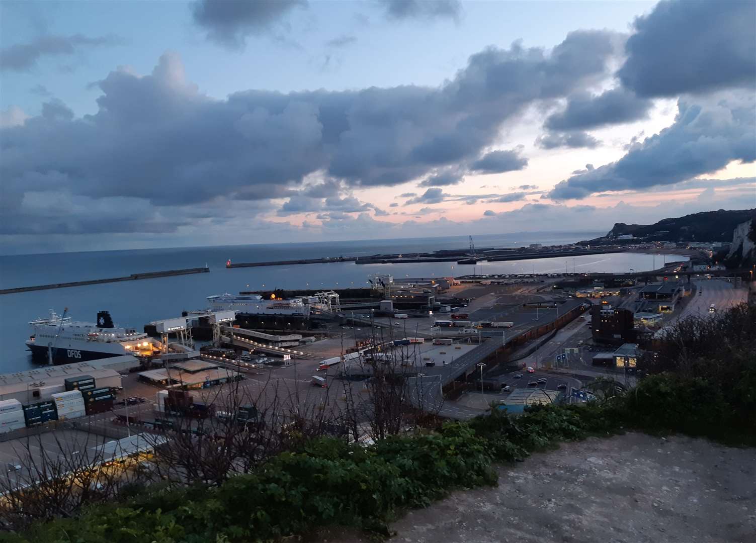 A stunning view at dusk from the cliffs, of Dover harbour and Shakespeare Cliff in the distance. Picture: Sam Lennon