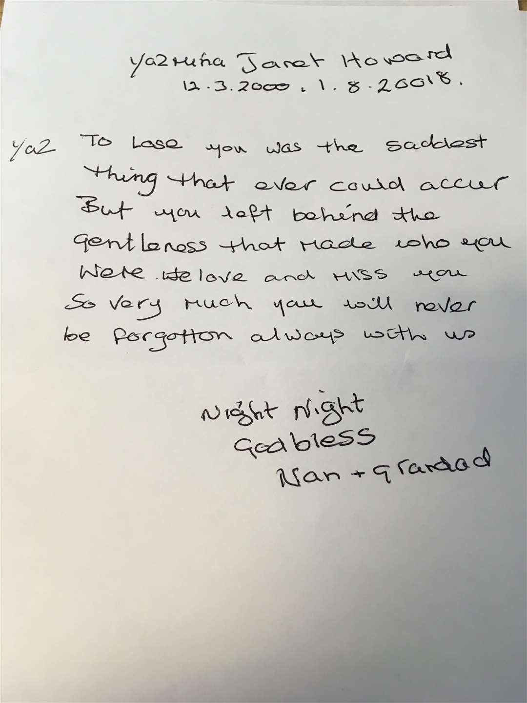 Michael and Janet Howard's handwritten note to tragic granddaughter Yazmina (18203262)