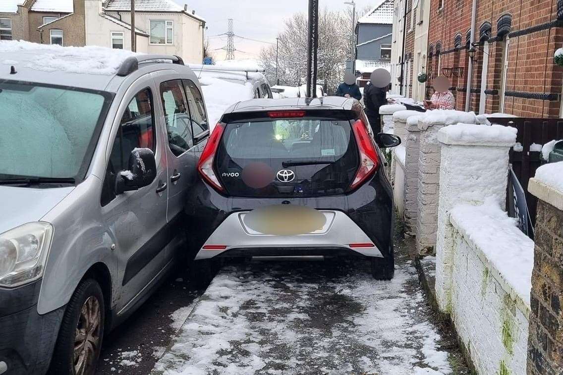 A Toyota Aygo blocking the pavement after crashing in Herbert Road, Swanscombe