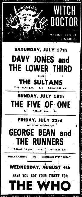 An advert for The Witch Doctor club in Marine Court, St Leonards, where Davy Jones and the Lower Third played on July 17, 1965