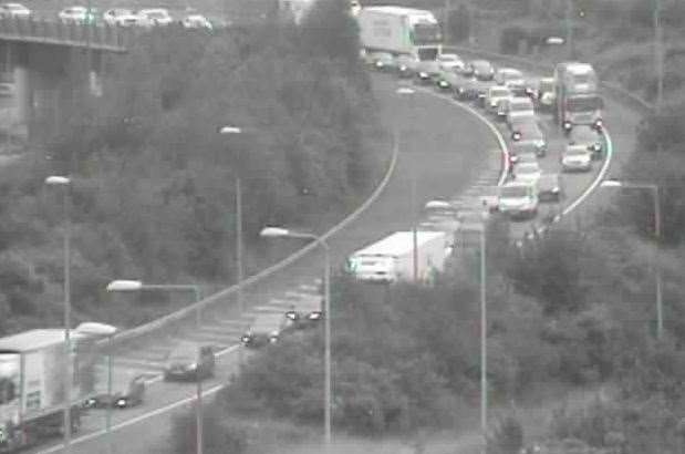 Traffic is queuing at Junction 2 of the M25 slip road, near Darenth Interchange, after a collision between a car and a lorry. Picture: National Highways