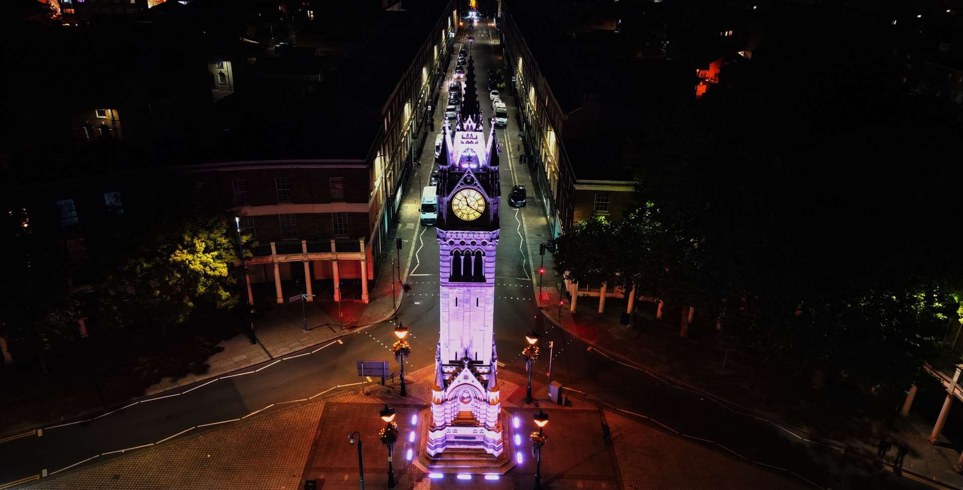 Gravesend's Clock Tower is lit purple in honour of Queen Elizabeth II. Picture: Jason Arthur