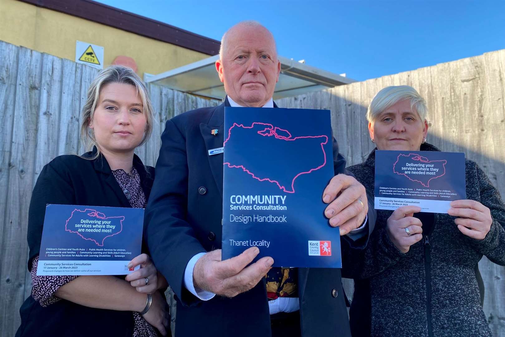 Clair Jones (left), Cllr Trevor Shonk (centre) and Kim Hammond (right) hold up the proposal documents that could lead to the closure of the Priory Children’s Centre site. Picture: Explorers Nursery / TEYP