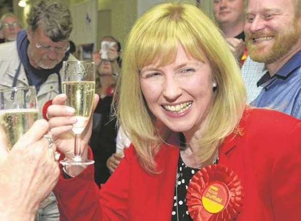 Rosie Duffield enjoys a glass of champagne after becoming Canterbury and Whitstable's first Labour MP