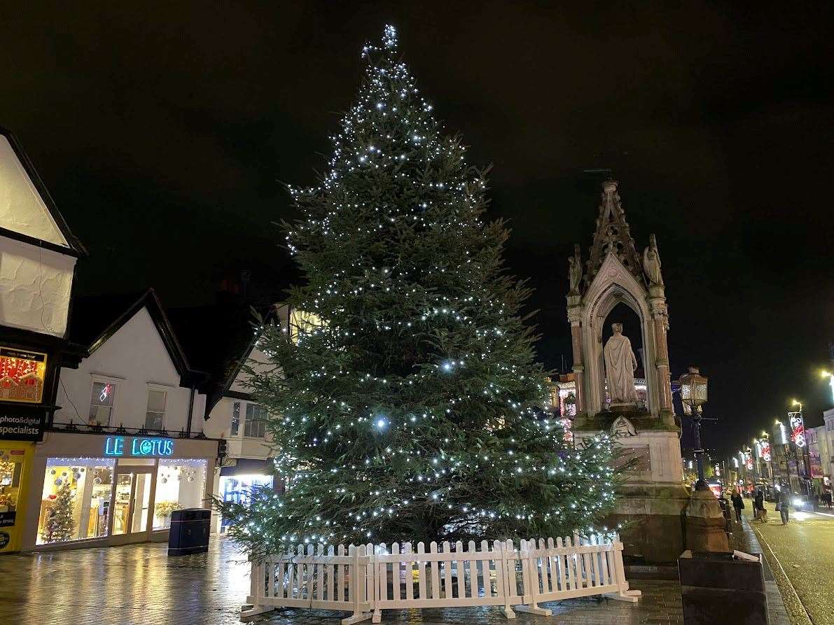 Maidstone Christmas lights switch-on 2023. The tree lit up in Jubilee Square