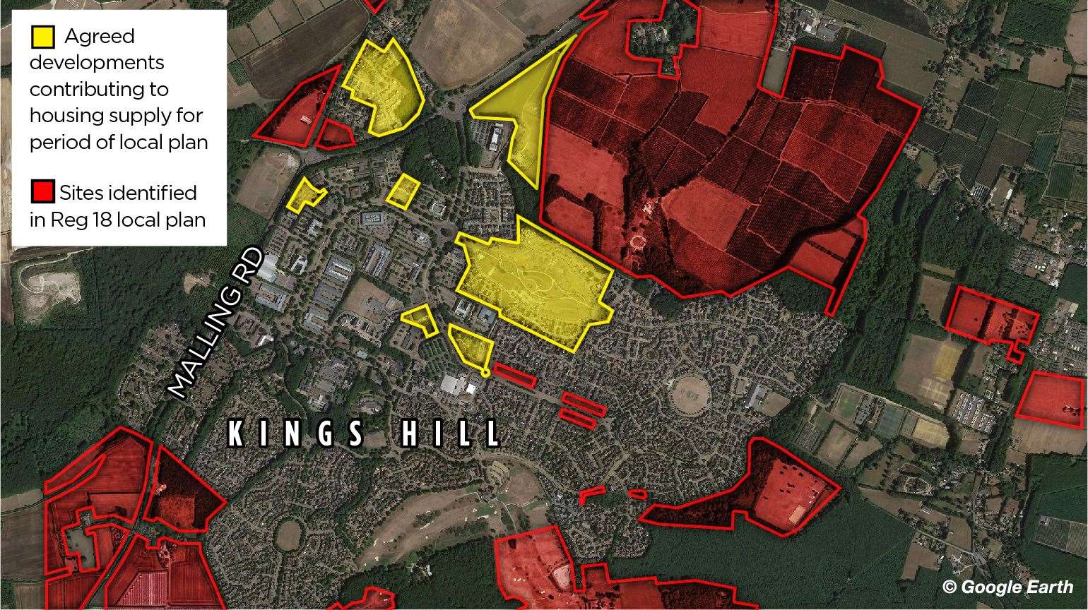 Sites identified for potential development in Kings Hill for a further 6,000 homes