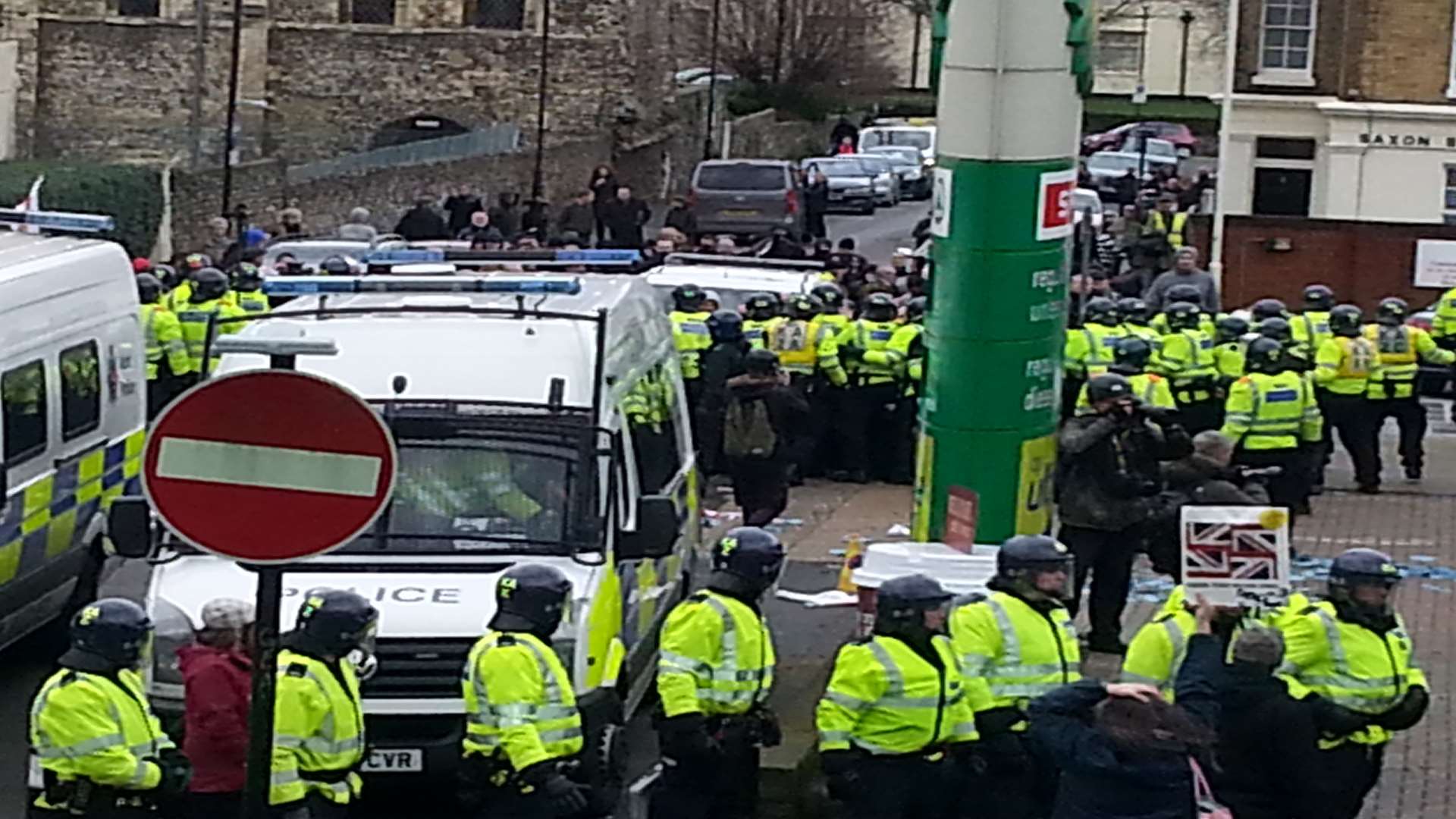 Police and protesters at Dover, January 30 last year.