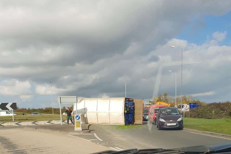 The overturned tractor trailer at Betteshanger near Deal Picture: Dan Danididi (4910795)