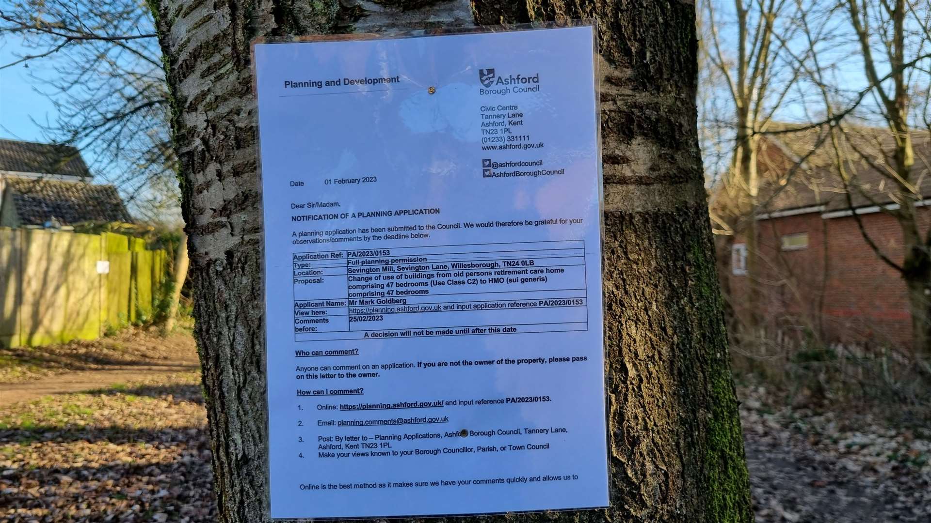 Residents found out about the plans when a notice was stapled to a tree