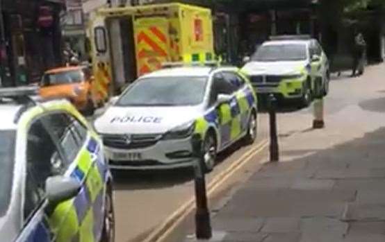 Police at the scene of the stabbing in Palace Street. Picture: Louis Reid