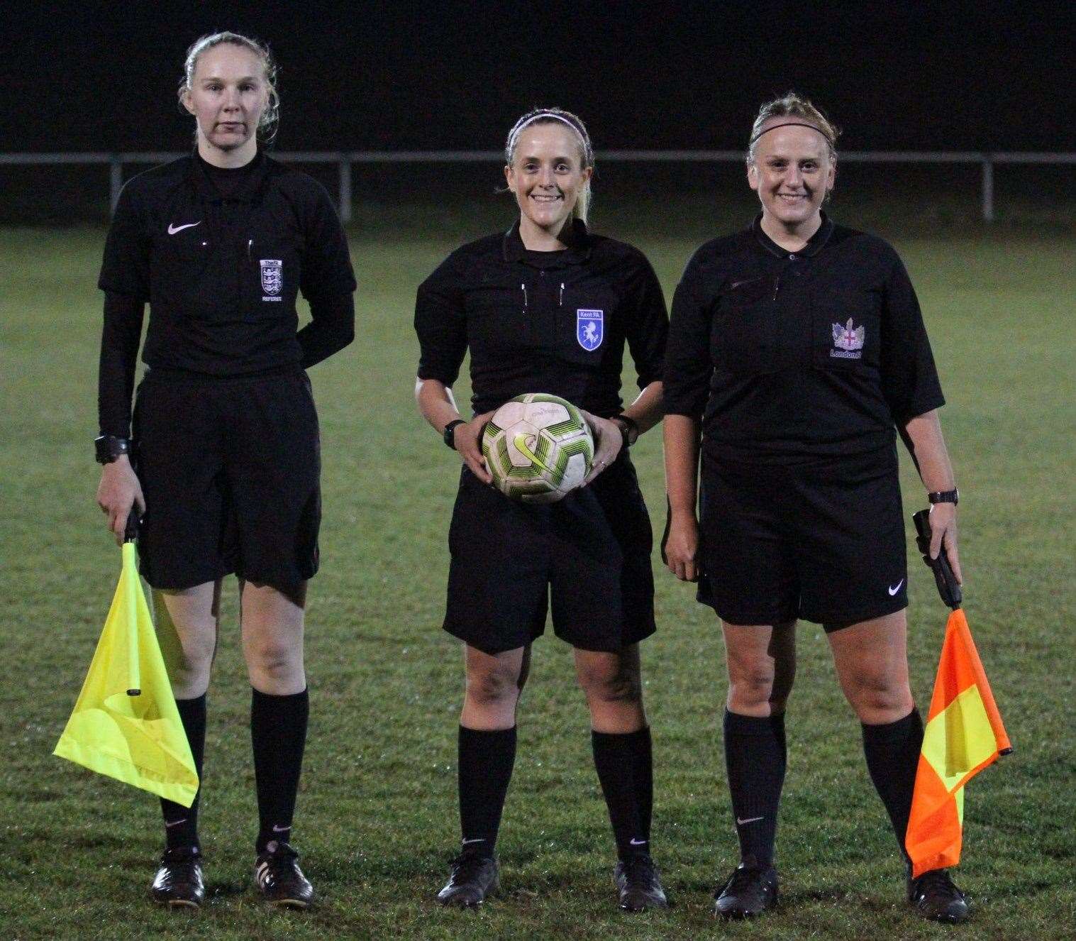 Referee Beth Archer with assistants Alison Wade and Esther Perry - the first all-female officiating team in the Southern Counties East League
