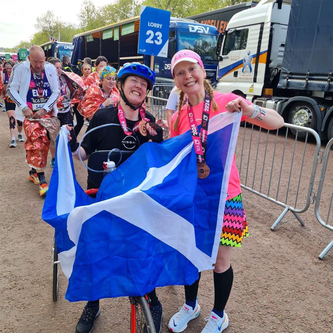 Dr Julie McElroy (left) with her support runner Gill Menzies (right) at the London Marathon (Gill Menzies/PA)