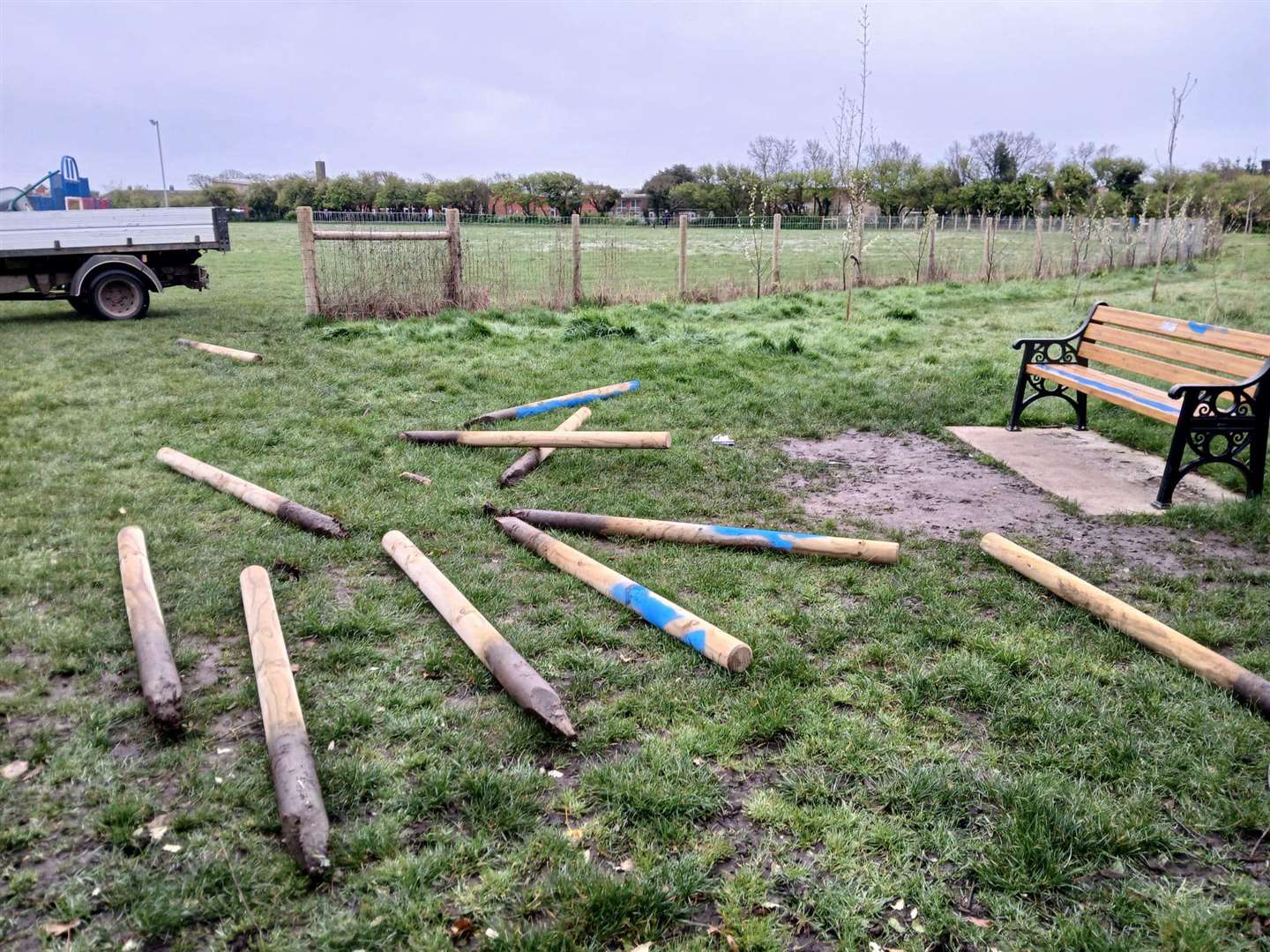Hythe Green was left littered with fence posts following the incident