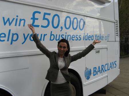 Ria Barlabas, head of Barclays Business, with the business bus in County Square, Maidstone.
