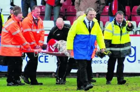 Neil Barrett was stretchered off on Saturday. Picture: The Stevenage Comet