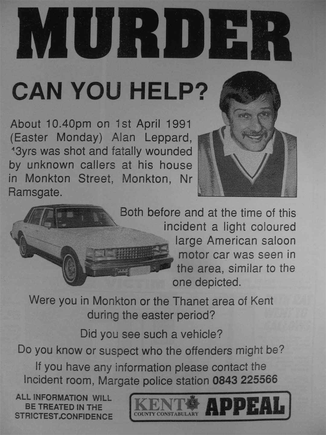 A police appeal poster after the murder of Alan Leppard
