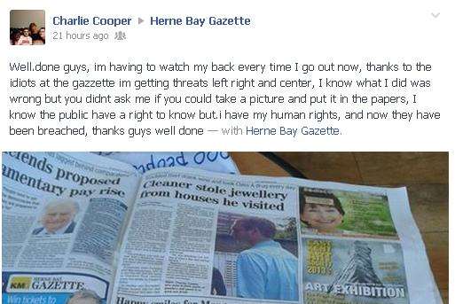 Facebook message Cooper sent to the Herne Bay Gazette