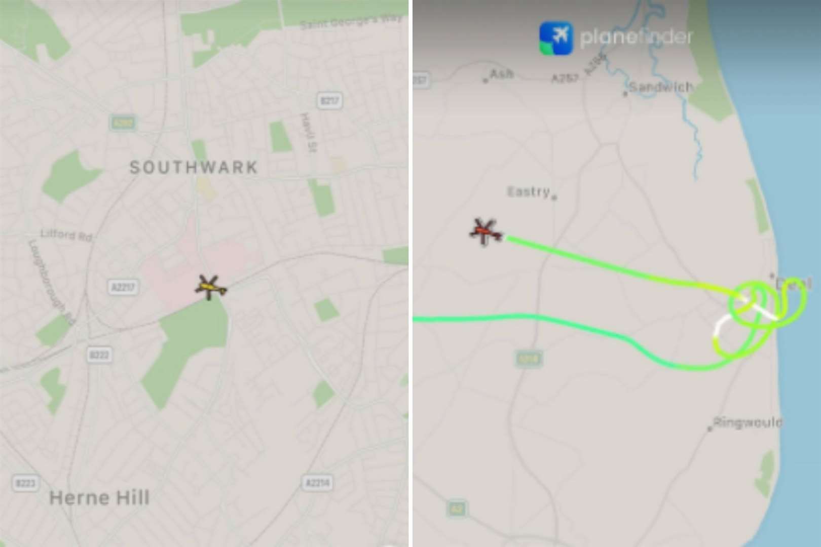 The flight path on the Planefinder app shows the helicopter headed to Betteshanger Sports and Social Club and then Tides in Victoria Park where it landed. It then went to Guys Hospital in London (39510174)