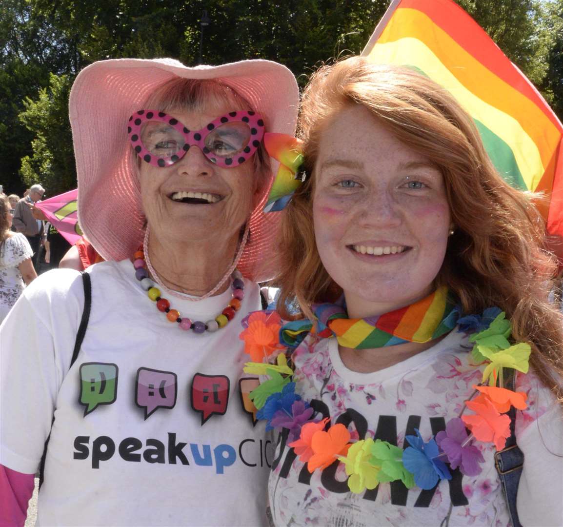 All ages took part last year - Laura Hall, 71 and Kizzie McFarlane, 21 in Gay Pride march through Canterbury