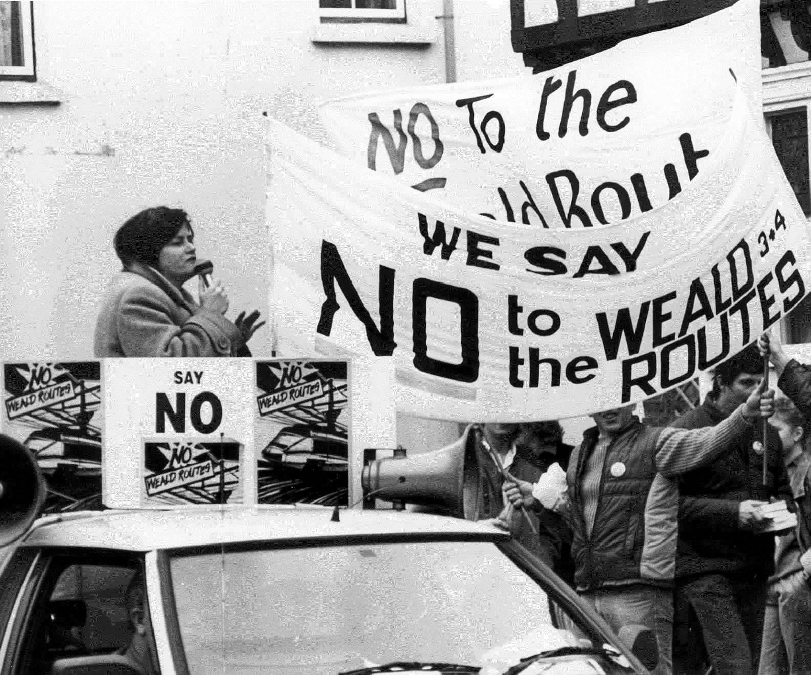 MP Ann Widdecombe with rail link protesters in the High Street at Headcorn on February 3, 1989.