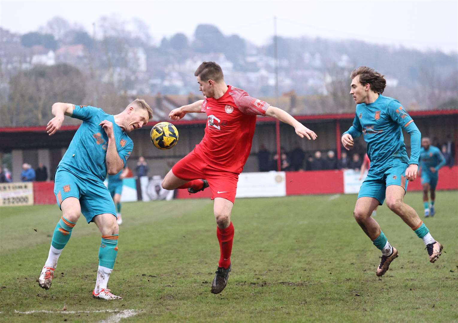 Hythe goalscorer Jake Embery in action against Chorley in the FA Trophy fourth round. Picture: Helen Cooper