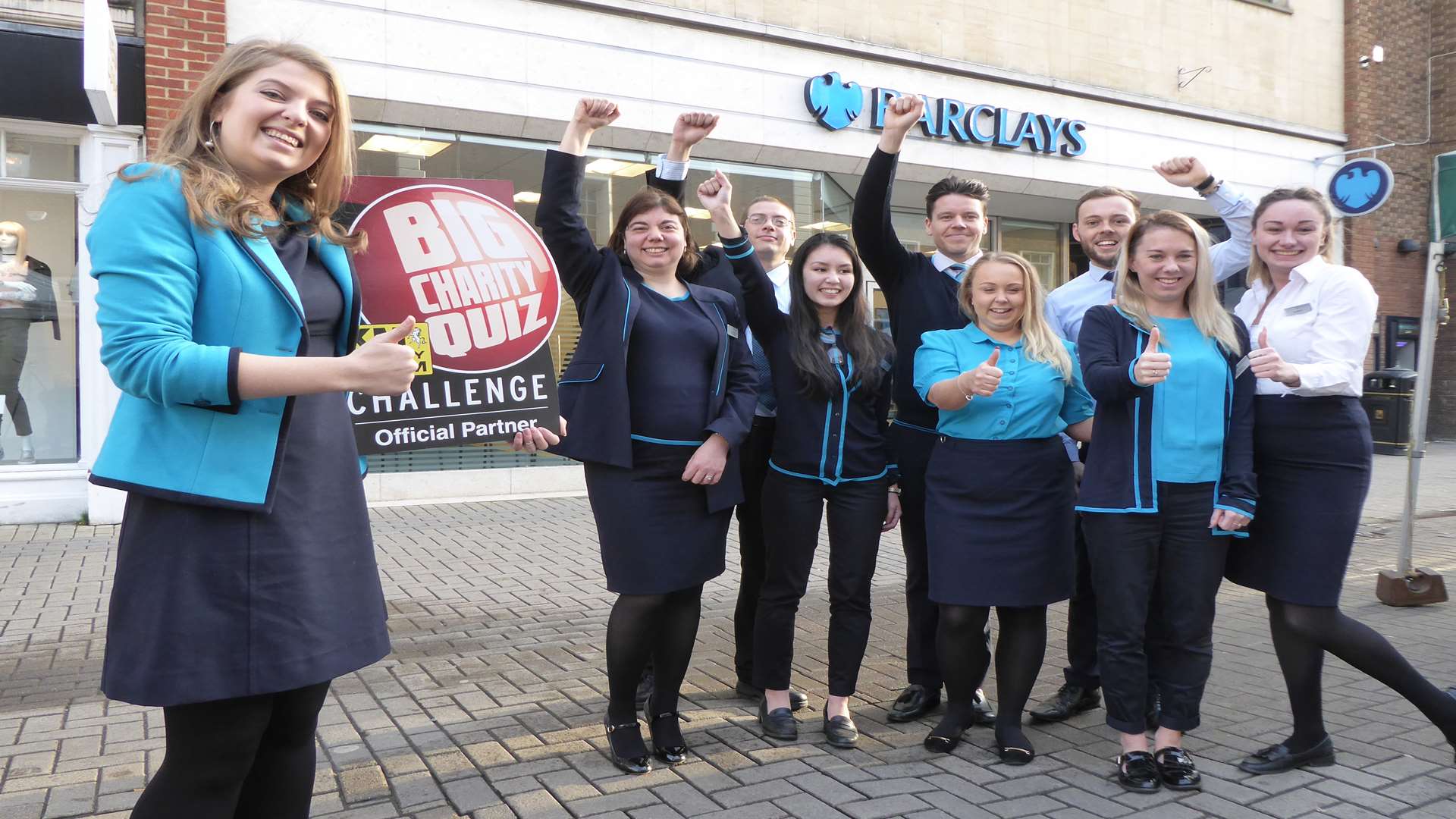 Rebecca Hadley and staff from Barclays announce their support of the Canterbury KM Big Charity Quiz