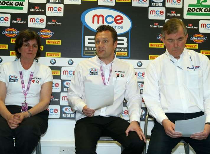 Dr Heike Romer, MCE BSB Chief Medical Officer, Stuart Higgs, Series Director, and Christopher Tate, Donington Park Managing Director, releasing the sad news about Mick Whalley
