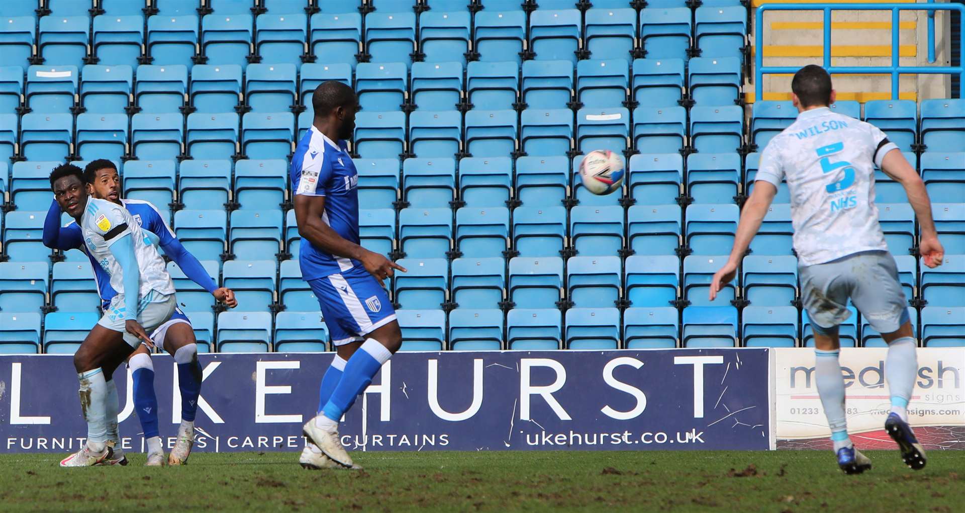 Vadaine Oliver scores his second goal of the game for Gillingham. Picture: Andy Jones