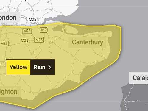 A yellow weather warning for rain has been issued by the Met Office for tomorrow in Kent. Picture: The Met Office