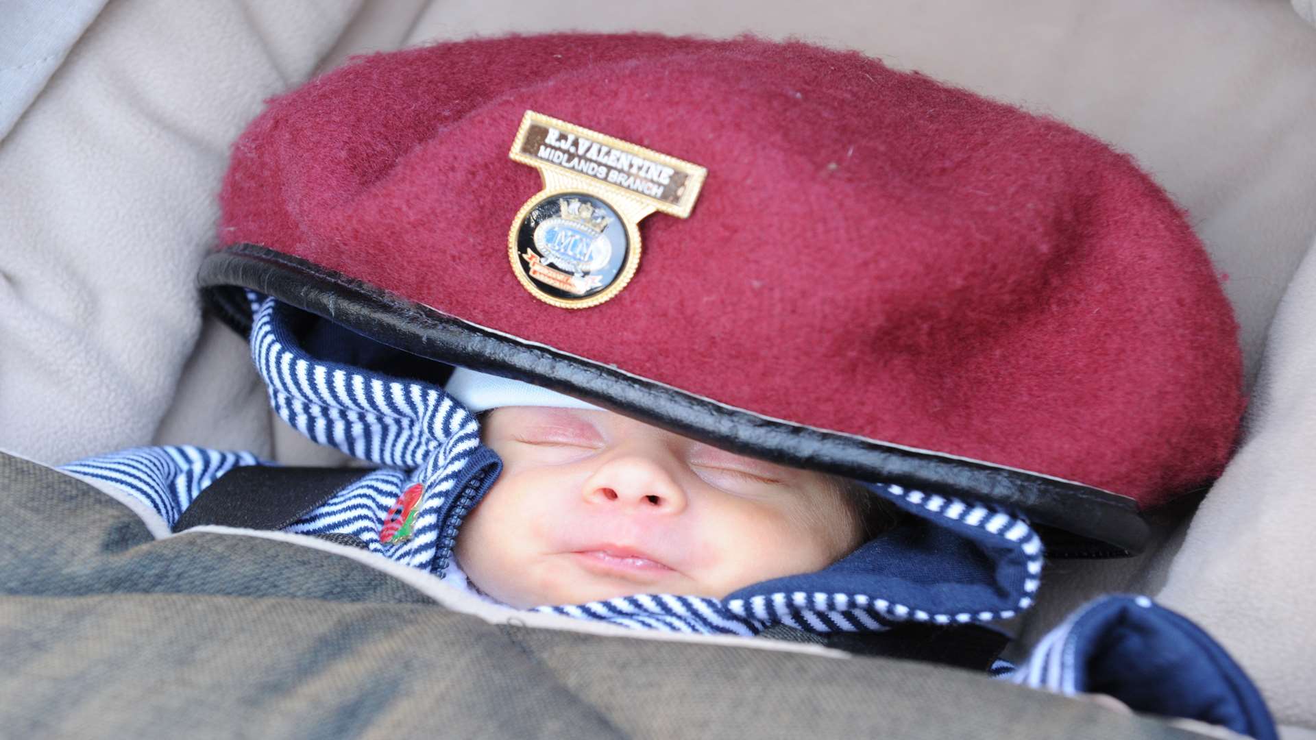 William Bester (two weeks old) wearing his great-great-grandfather Dickie Valentine's cap at Bawley Bay
