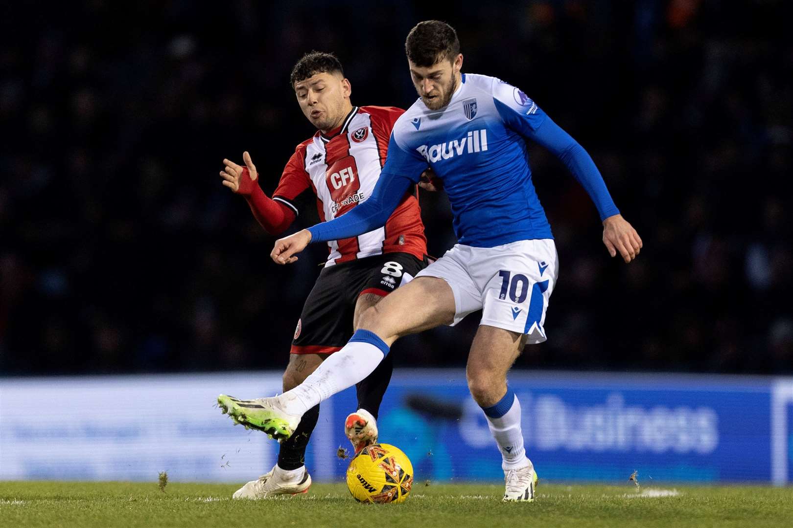 Gillingham striker Ashley Nadesan fends off a challenge in their FA Cup game against Sheffield United last weekend Picture: @Julian_KPI