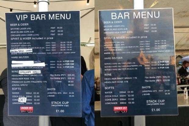 The VIP and standard bars offered the same menu